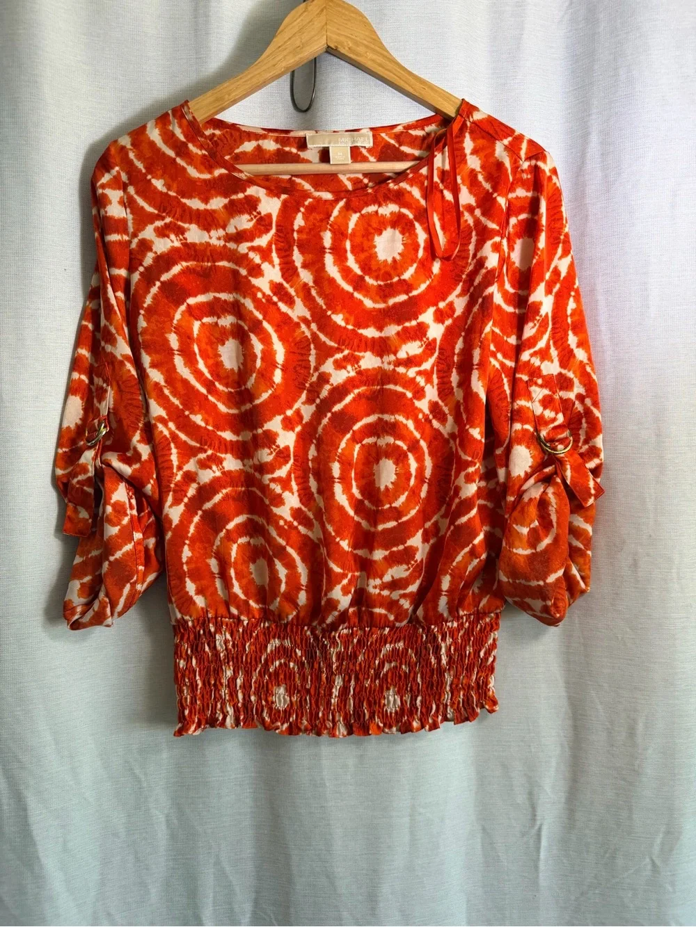 Michael Kors Orange Tie-Dye Circle Print Smocked Hem Blouse